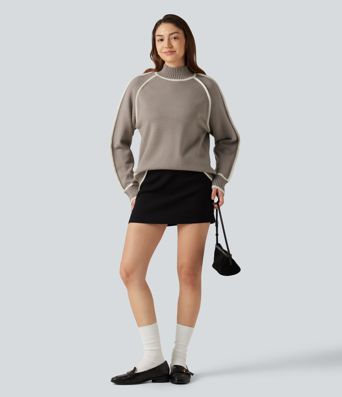 Mock Neck Raglan Long Sleeve Color Block Work Sweater