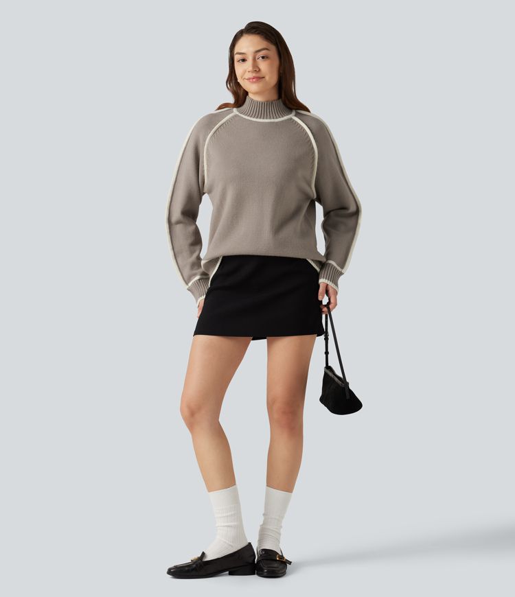 Mock Neck Raglan Long Sleeve Color Block Work Sweater