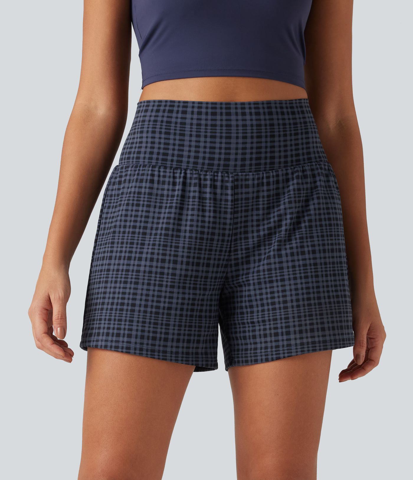 High Waisted 2-in-1 Plaid Yoga Shorts 5'' with Pockets