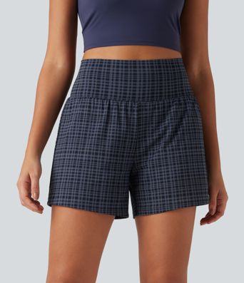 High Waisted 2-in-1 Plaid Yoga Shorts 5'' with Pockets