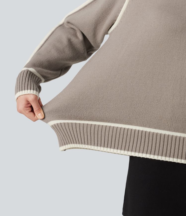 Mock Neck Raglan Long Sleeve Color Block Work Sweater