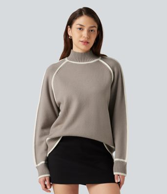 Mock Neck Raglan Long Sleeve Color Block Work Sweater