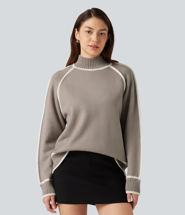 Mock Neck Raglan Long Sleeve Color Block Work Sweater