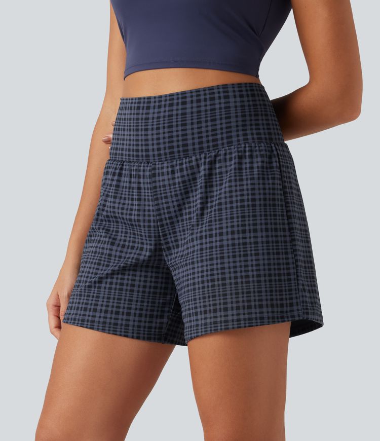 High Waisted 2-in-1 Plaid Yoga Shorts 5'' with Pockets