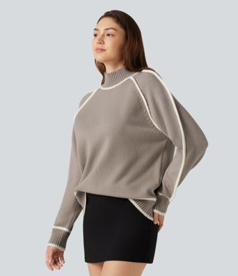 Mock Neck Raglan Long Sleeve Color Block Work Sweater