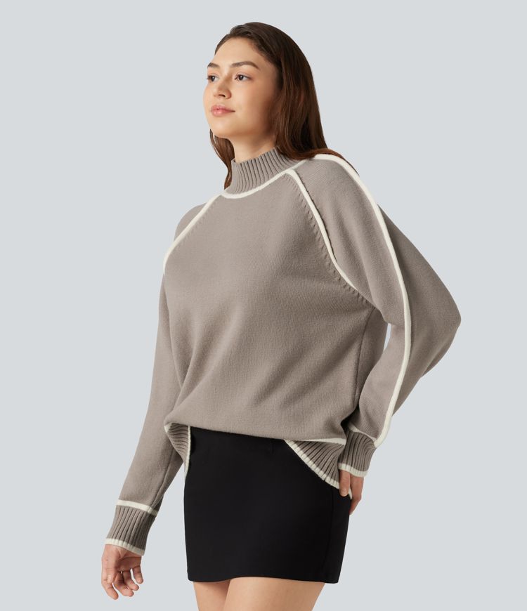 Mock Neck Raglan Long Sleeve Color Block Work Sweater