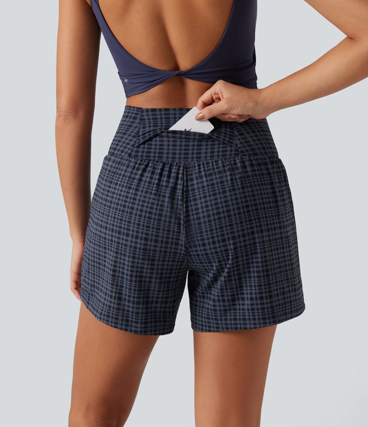 High Waisted 2-in-1 Plaid Yoga Shorts 5'' with Pockets