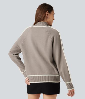 Mock Neck Raglan Long Sleeve Color Block Work Sweater
