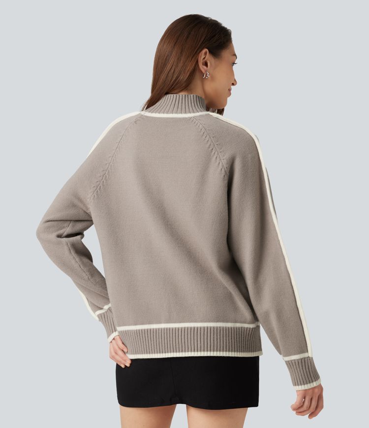 Mock Neck Raglan Long Sleeve Color Block Work Sweater