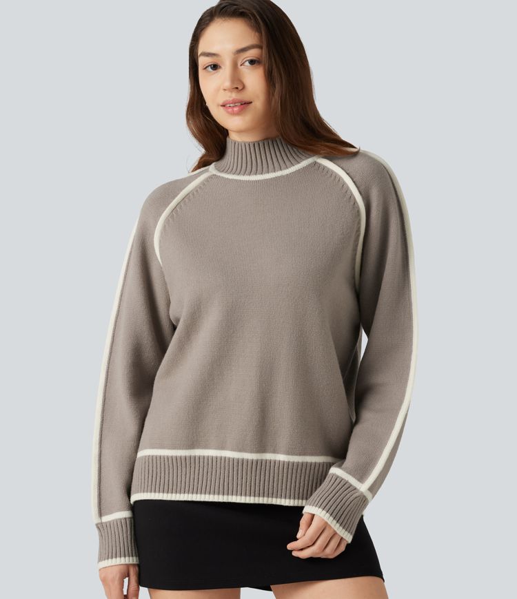 Mock Neck Raglan Long Sleeve Color Block Work Sweater