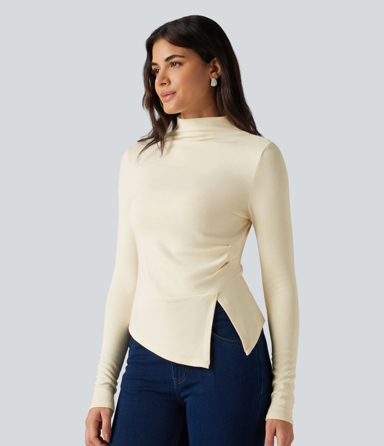 Mock Neck Long Sleeve Asymmetric Hem Thermal Casual T-Shirt