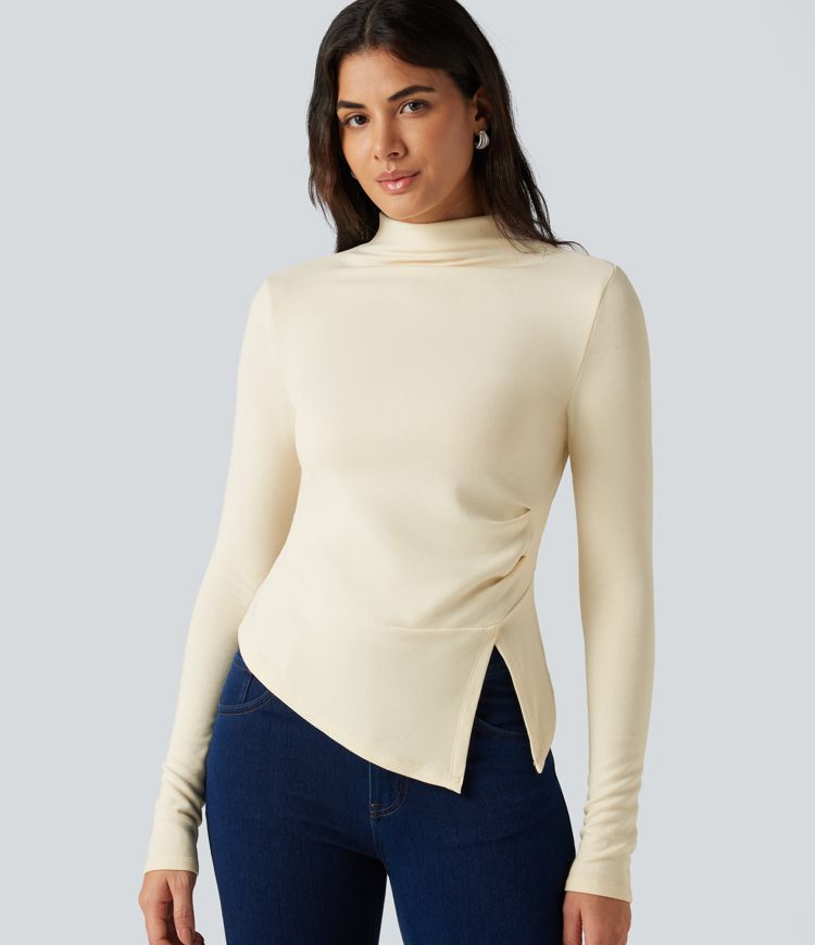 Mock Neck Long Sleeve Asymmetric Hem Thermal Casual T-Shirt
