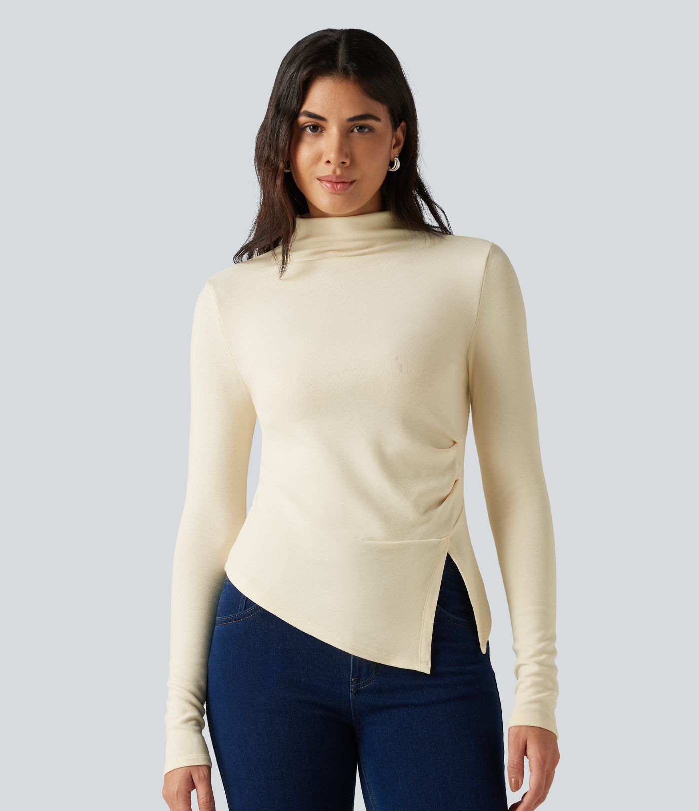 Mock Neck Long Sleeve Asymmetric Hem Thermal Casual T-Shirt