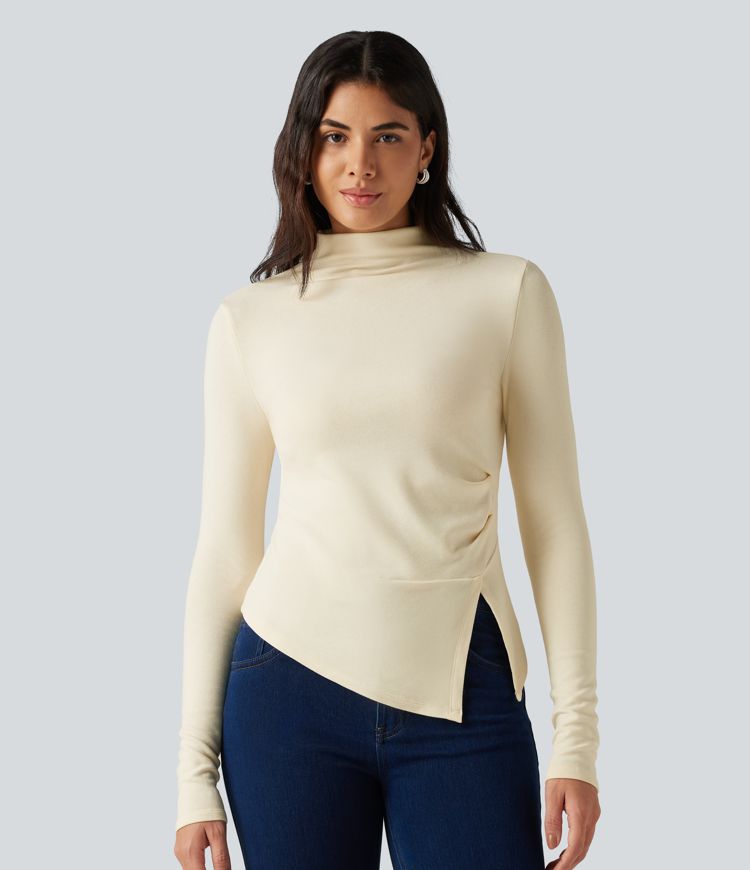 Mock Neck Long Sleeve Asymmetric Hem Thermal Casual T-Shirt