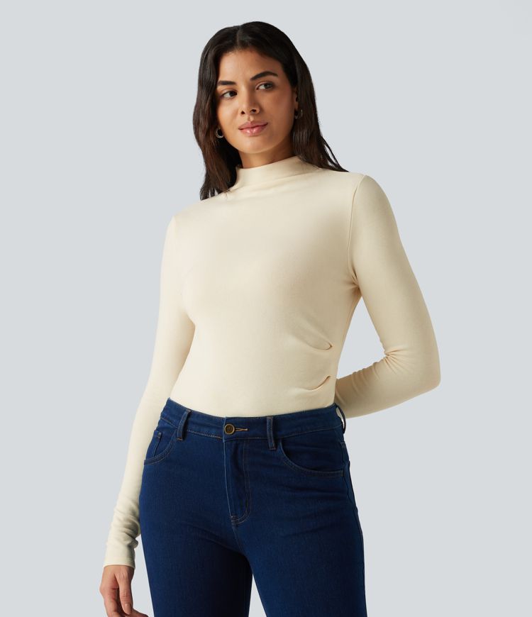Mock Neck Long Sleeve Asymmetric Hem Thermal Casual T-Shirt