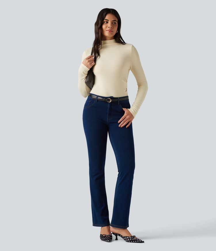 Mock Neck Long Sleeve Asymmetric Hem Thermal Casual T-Shirt