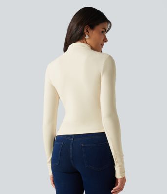 Mock Neck Long Sleeve Asymmetric Hem Thermal Casual T-Shirt