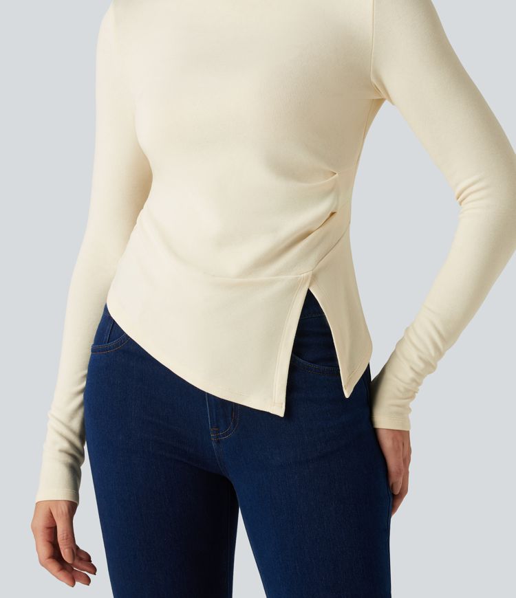 Mock Neck Long Sleeve Asymmetric Hem Thermal Casual T-Shirt