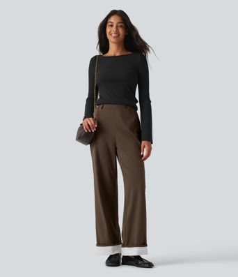 DayStretch High Waisted Straight Leg Stripe Rolled Hem Casual Pants with Pockets DayStretch High Waisted Straight Leg Stripe Rolled Hem Casual Pants with Pockets