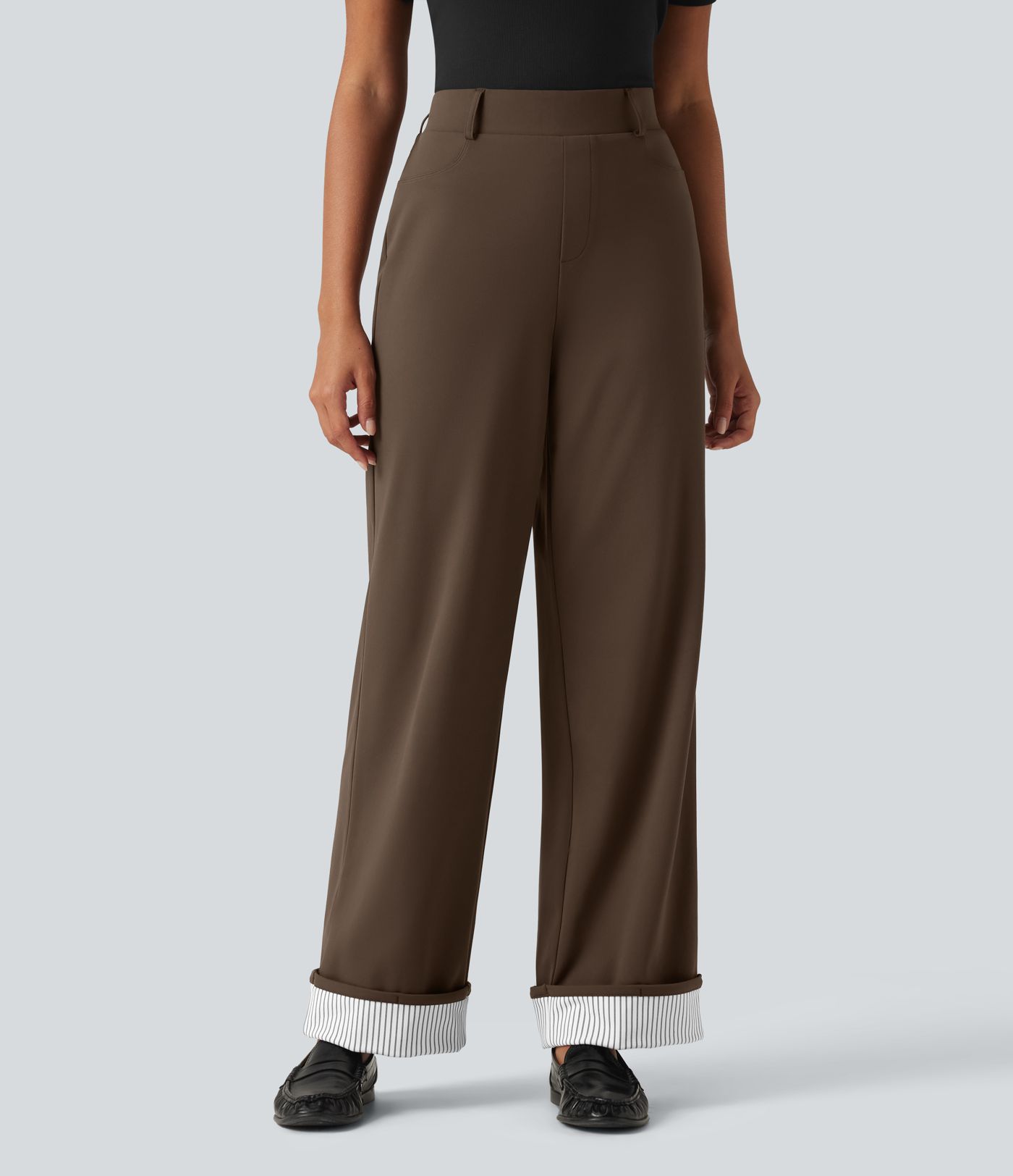 DayStretch High Waisted Straight Leg Stripe Rolled Hem Casual Pants with Pockets DayStretch High Waisted Straight Leg Stripe Rolled Hem Casual Pants with Pockets