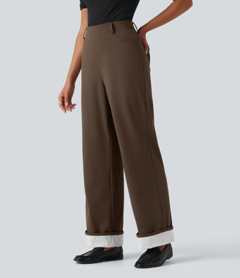 DayStretch High Waisted Straight Leg Stripe Rolled Hem Casual Pants with Pockets DayStretch High Waisted Straight Leg Stripe Rolled Hem Casual Pants with Pockets