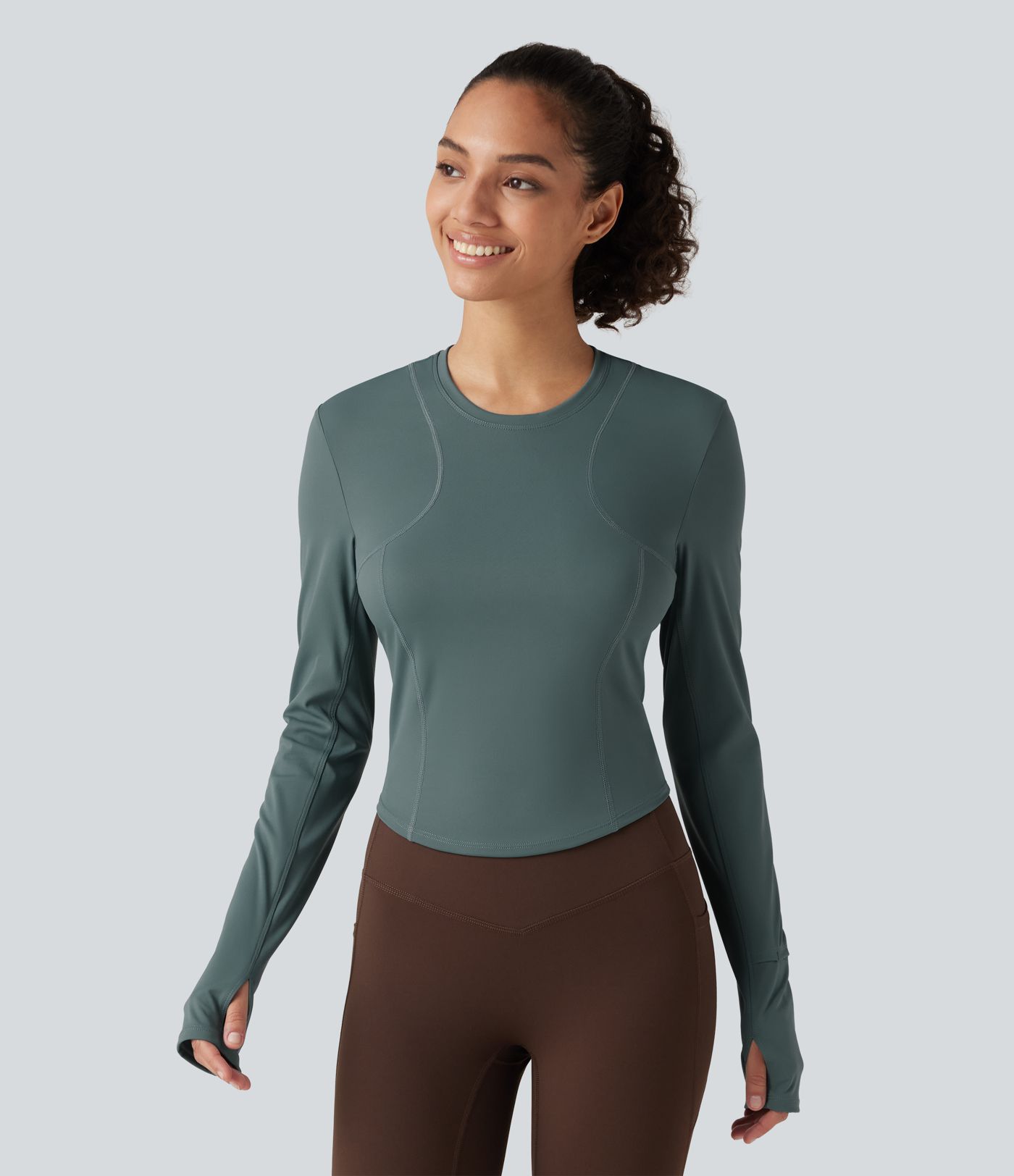Round Neck Long Sleeve Thumb Hole Yoga Sports Top