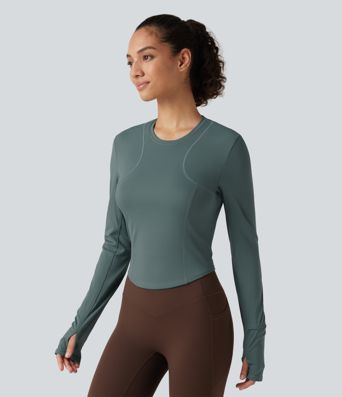 Round Neck Long Sleeve Thumb Hole Yoga Sports Top