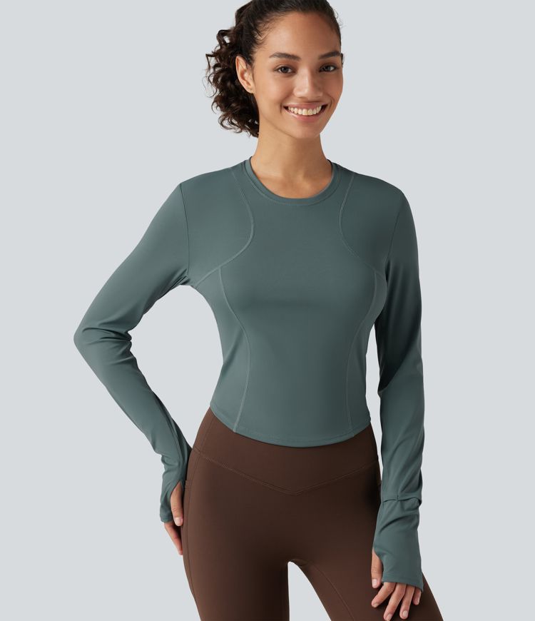 Round Neck Long Sleeve Thumb Hole Yoga Sports Top