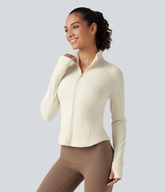Stand Collar Long Sleeve Workout Jacket with Pockets