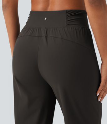 High Waisted Drawstring Ruched Tapered Quick Dry Cool Touch Dance Joggers with Pockets-UPF40+