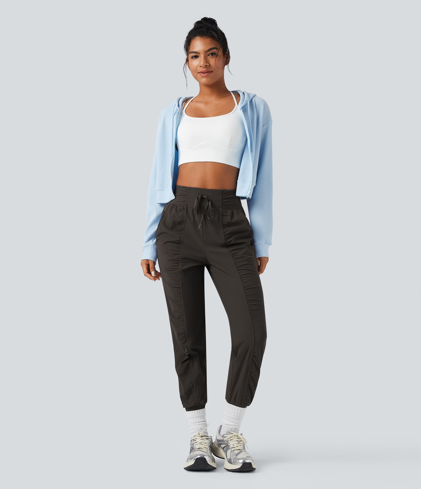 High Waisted Drawstring Ruched Tapered Quick Dry Cool Touch Dance Joggers with Pockets-UPF40+