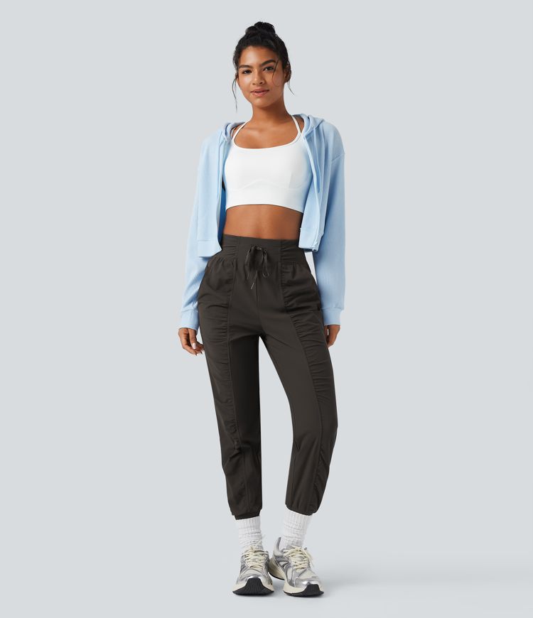 High Waisted Drawstring Ruched Tapered Quick Dry Cool Touch Dance Joggers with Pockets-UPF40+