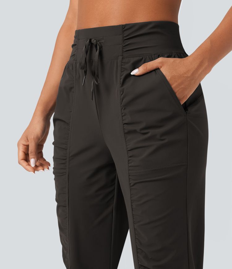 High Waisted Drawstring Ruched Tapered Quick Dry Cool Touch Dance Joggers with Pockets-UPF40+