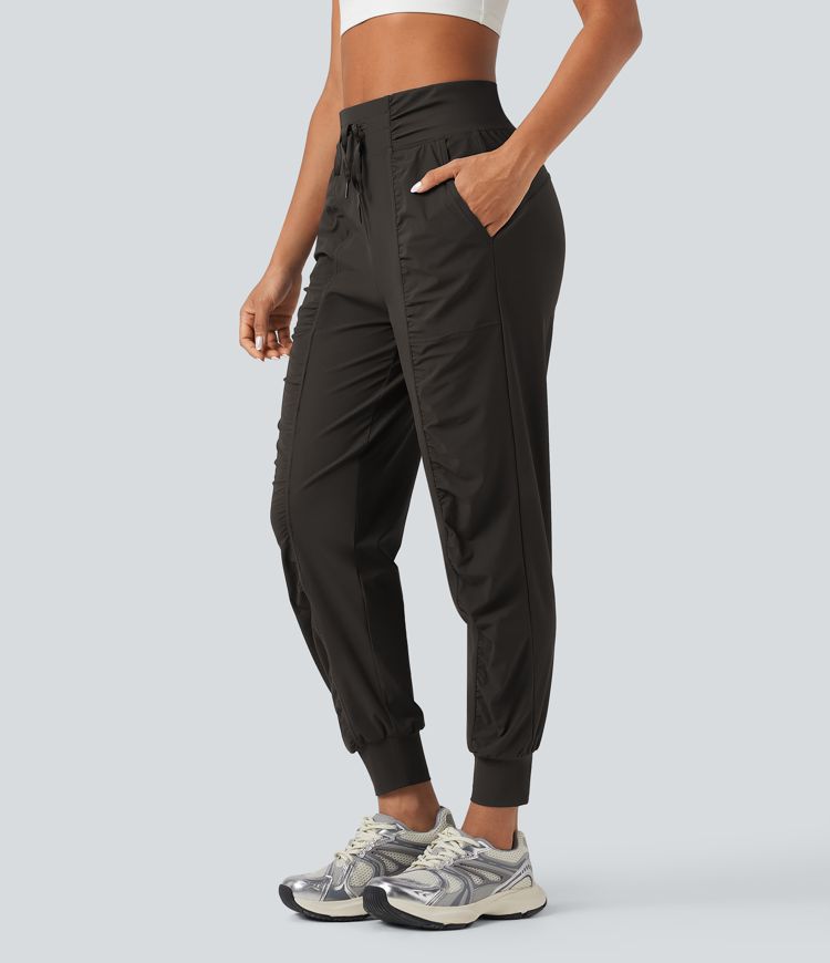 High Waisted Drawstring Ruched Tapered Quick Dry Cool Touch Dance Joggers with Pockets-UPF40+