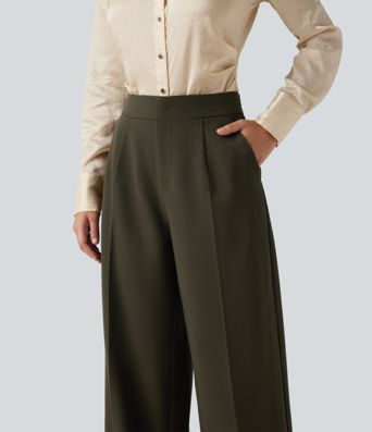 High Waisted Wide Leg Work Pants with Pockets