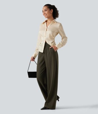 High Waisted Wide Leg Work Pants with Pockets