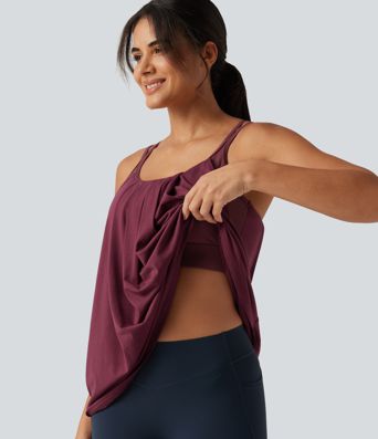 Built-in Bra Pleated Quick Dry Yoga Tank Top-Longer Length DD-F Cups