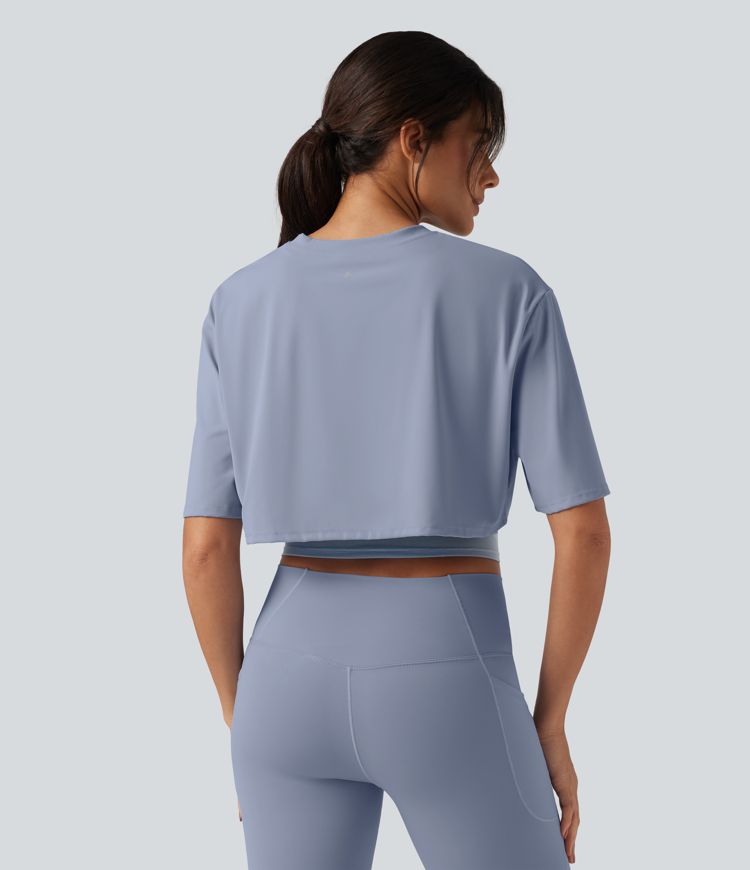 SoftlyZero™ Airy Round Neck Contrast Mesh 2-in-1 Short Sleeve Yoga Tops