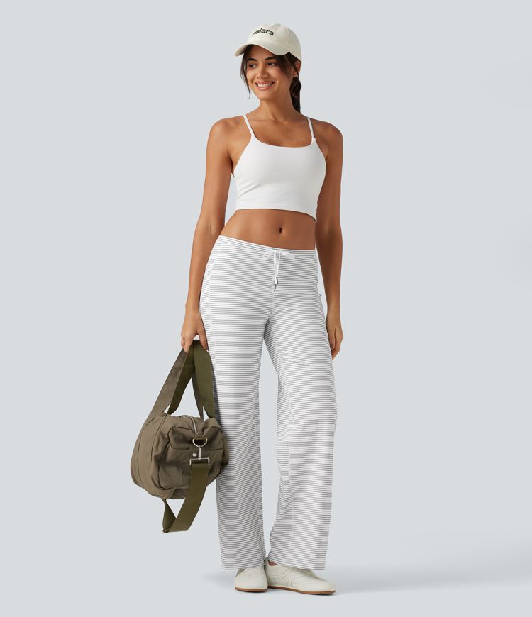 Pantalon de yoga droit taille basse à rayures avec cordon de serrage et poches