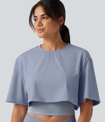 SoftlyZero™ Airy Round Neck Contrast Mesh 2-in-1 Short Sleeve Yoga Tops
