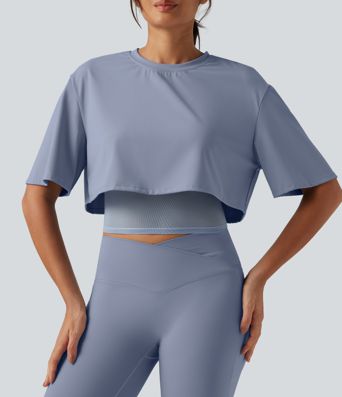 SoftlyZero™ Airy Round Neck Contrast Mesh 2-in-1 Short Sleeve Yoga Tops