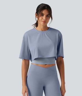 SoftlyZero™ Airy Round Neck Contrast Mesh 2-in-1 Short Sleeve Yoga Tops