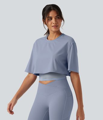 SoftlyZero™ Airy Round Neck Contrast Mesh 2-in-1 Short Sleeve Yoga Tops