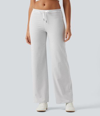 Pantalon de yoga droit taille basse à rayures avec cordon de serrage et poches