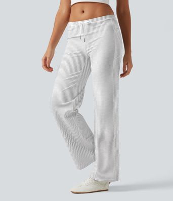 Low Rise Drawstring Straight Leg Stripe Yoga Pants with Pockets Low Rise Drawstring Straight Leg Stripe Yoga Pants with Pockets