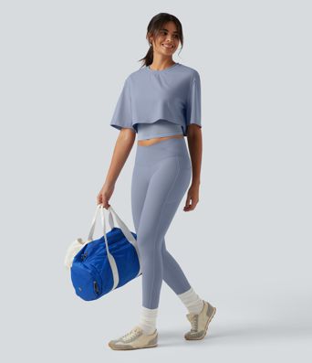SoftlyZero™ Airy Round Neck Contrast Mesh 2-in-1 Short Sleeve Yoga Tops