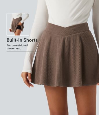 High Waisted Crossover 2-in-1 Corduroy Mini Casual Skirt with Pockets