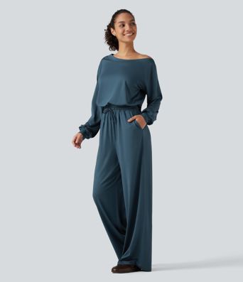 One Shoulder Long Sleeve Drawstring Baggy Casual Jumpsuit with Pockets-Easy Peezy Edition One Shoulder Long Sleeve Drawstring Baggy Casual Jumpsuit with Pockets-Easy Peezy Edition