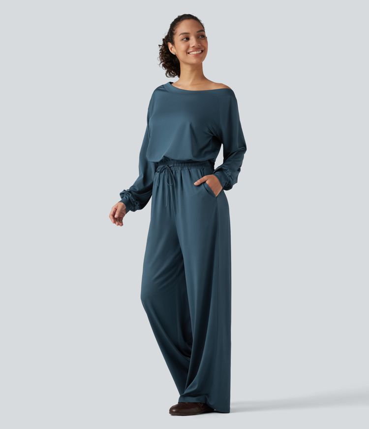 One Shoulder Long Sleeve Drawstring Baggy Casual Jumpsuit with Pockets-Easy Peezy Edition One Shoulder Long Sleeve Drawstring Baggy Casual Jumpsuit with Pockets-Easy Peezy Edition