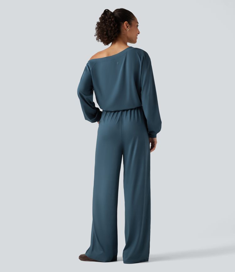 One Shoulder Long Sleeve Drawstring Baggy Casual Jumpsuit with Pockets-Easy Peezy Edition One Shoulder Long Sleeve Drawstring Baggy Casual Jumpsuit with Pockets-Easy Peezy Edition